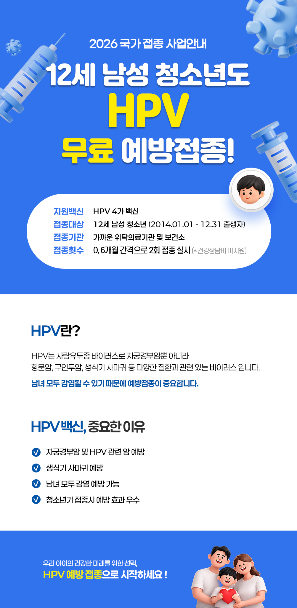 HPV 감염 예방을 위해 국가예방접종 지원 대상을 12세 남아까지 확대 시행안내
